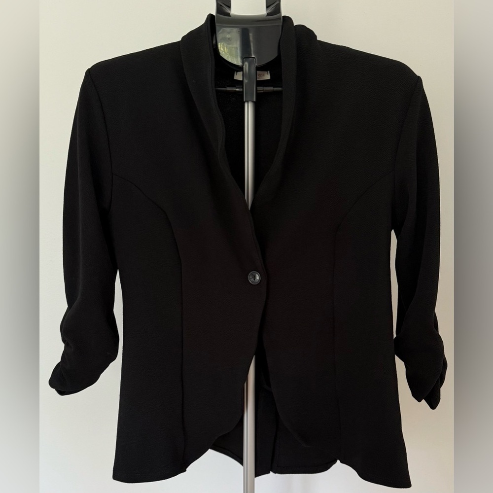 Black Open Front 3/4 Ruched Sleeve Blazer | Size Large